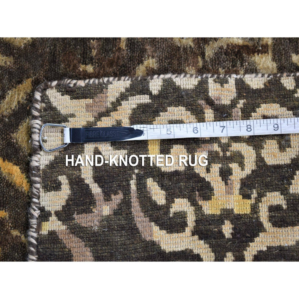 Brown, Modern Damask Hand Knotted, Wool and Silk Wide Runner Rug, 4'8"x18'2"