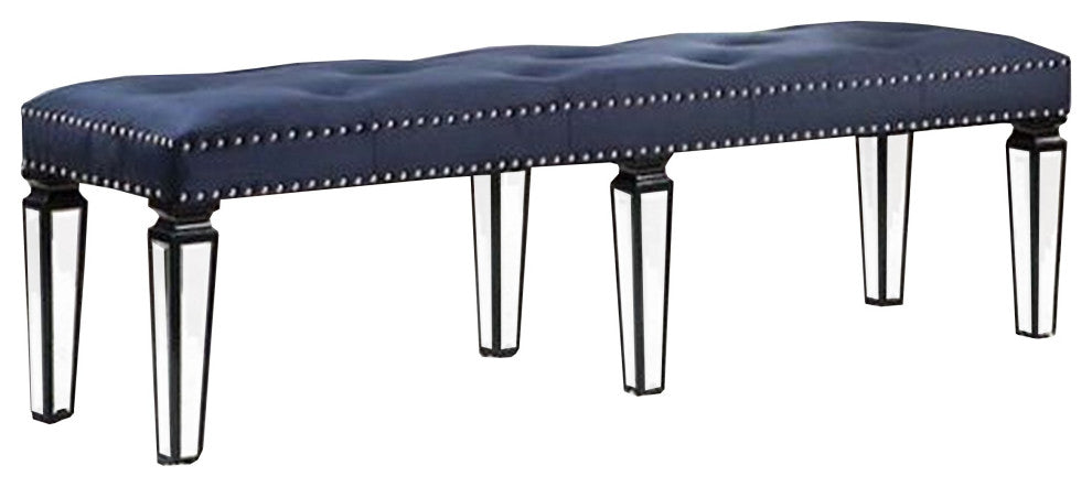 Benzara BM269606 Bench With Button Tufting and Mirror Tapered Legs, Blue