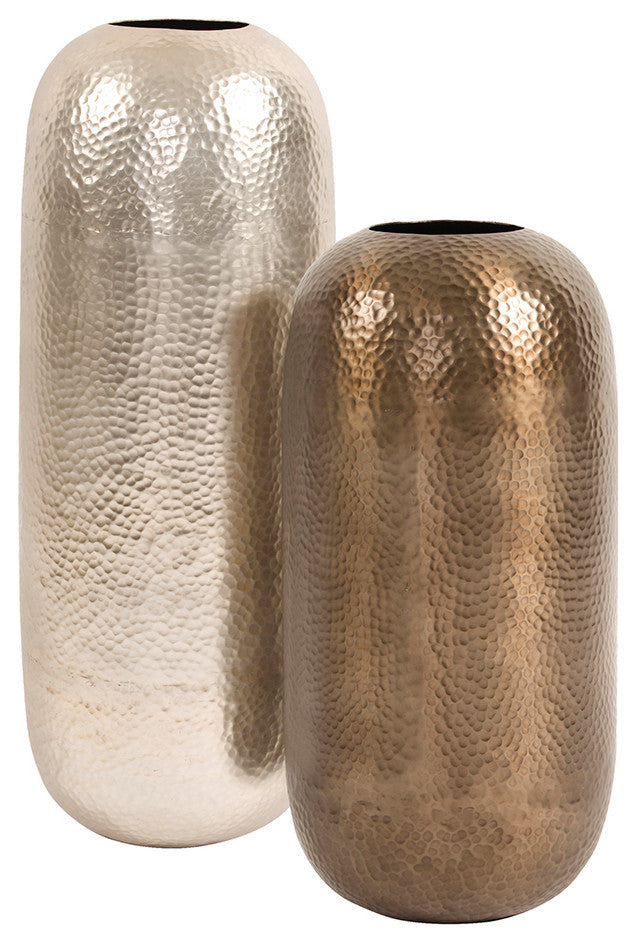 Howard Elliott Oversized Metal Cylinder Vase with Hammered Silver Finish, Large