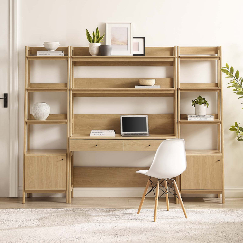 Bixby 3-Piece Wood Office Desk and Bookshelf, Oak