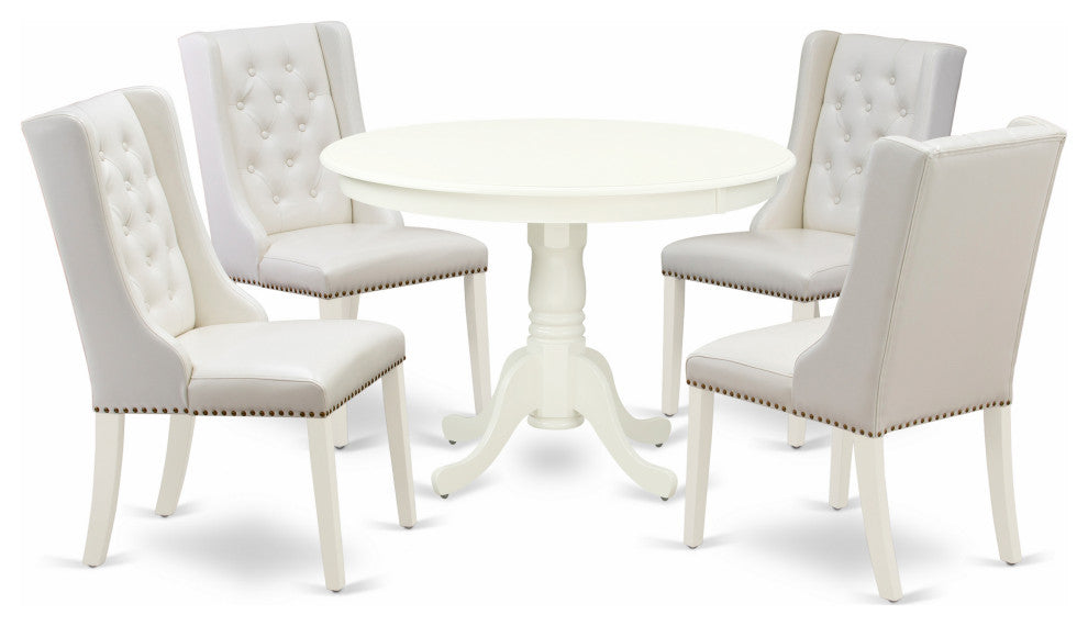 5Pc Dinette Set, 1 Pedestal Table, 4 Light Grey Kitchen Chairs, Linen White