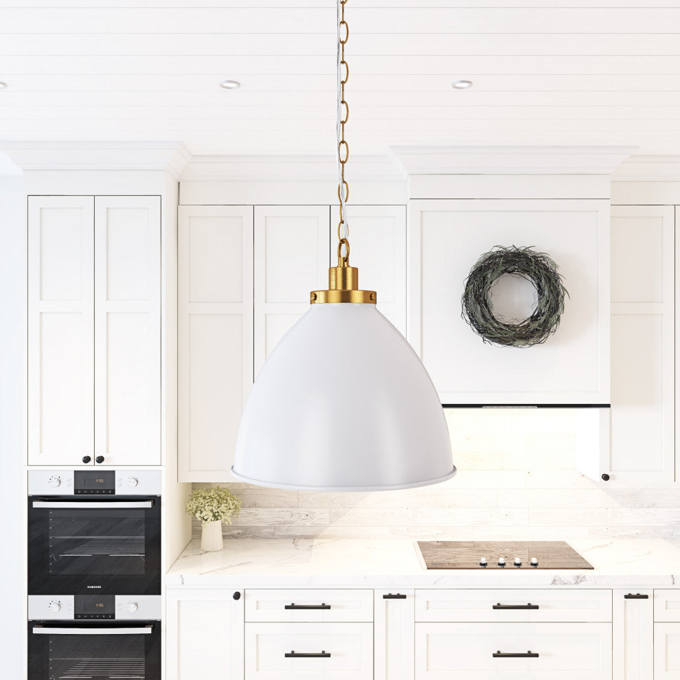 Modern Brushed Bronze Single Dome Pendant Lamp with White Metal Shade