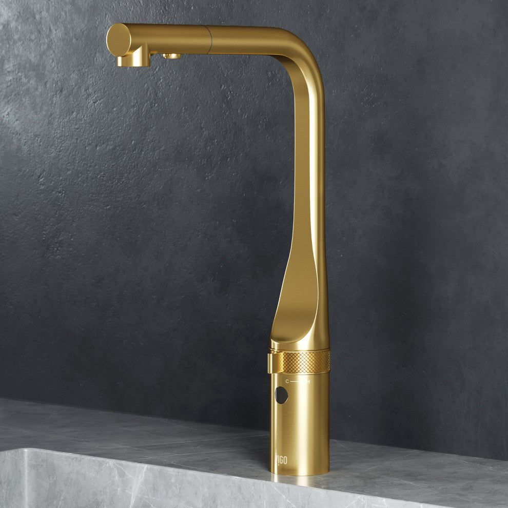 VIGO Jewel 15" H Touchless Pull-Out Sprayer Kitchen Faucet, Matte Brushed Gold