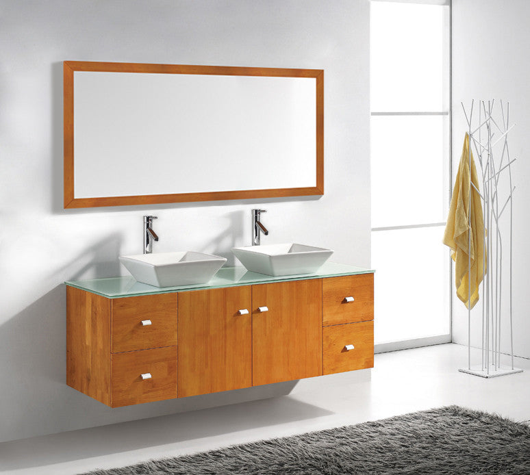 Clarissa 61" Double Bathroom Vanity Set, Honey Oak, Aqua Tempered Glass Countert