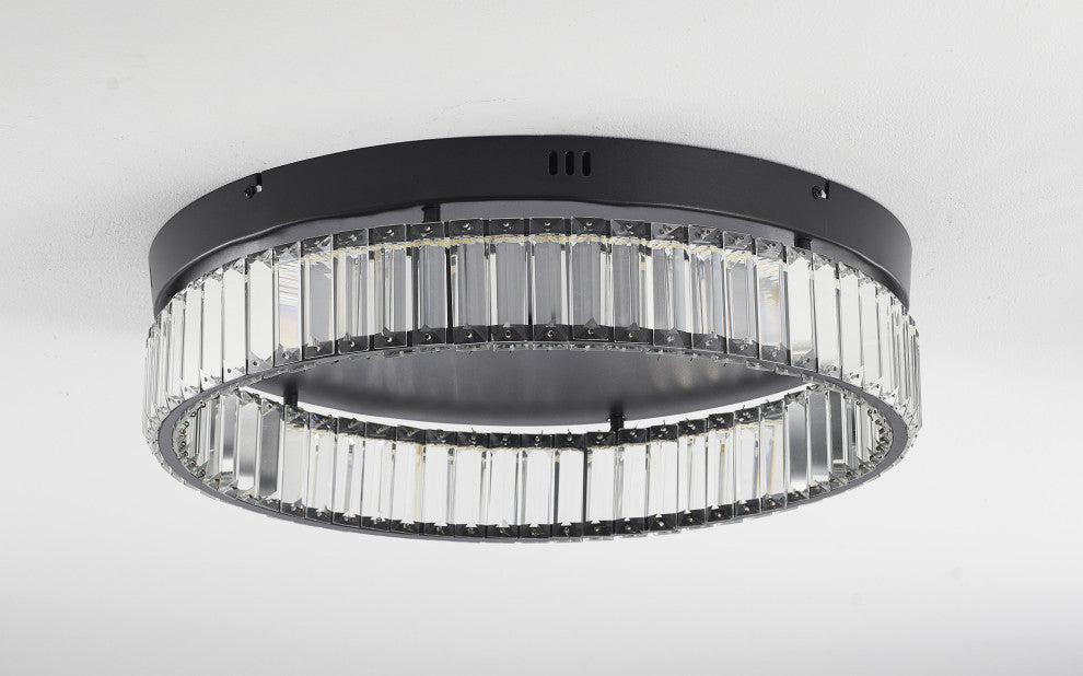1-Light Black Dimmable LED Flush Mount With Clear Crystals