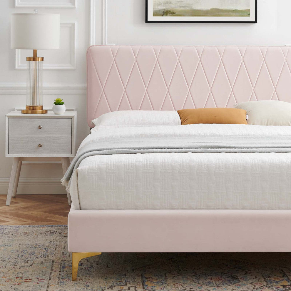 Platform Bed Frame, King Size, Velvet, Pink, Modern Contemporary, Bedroom Master