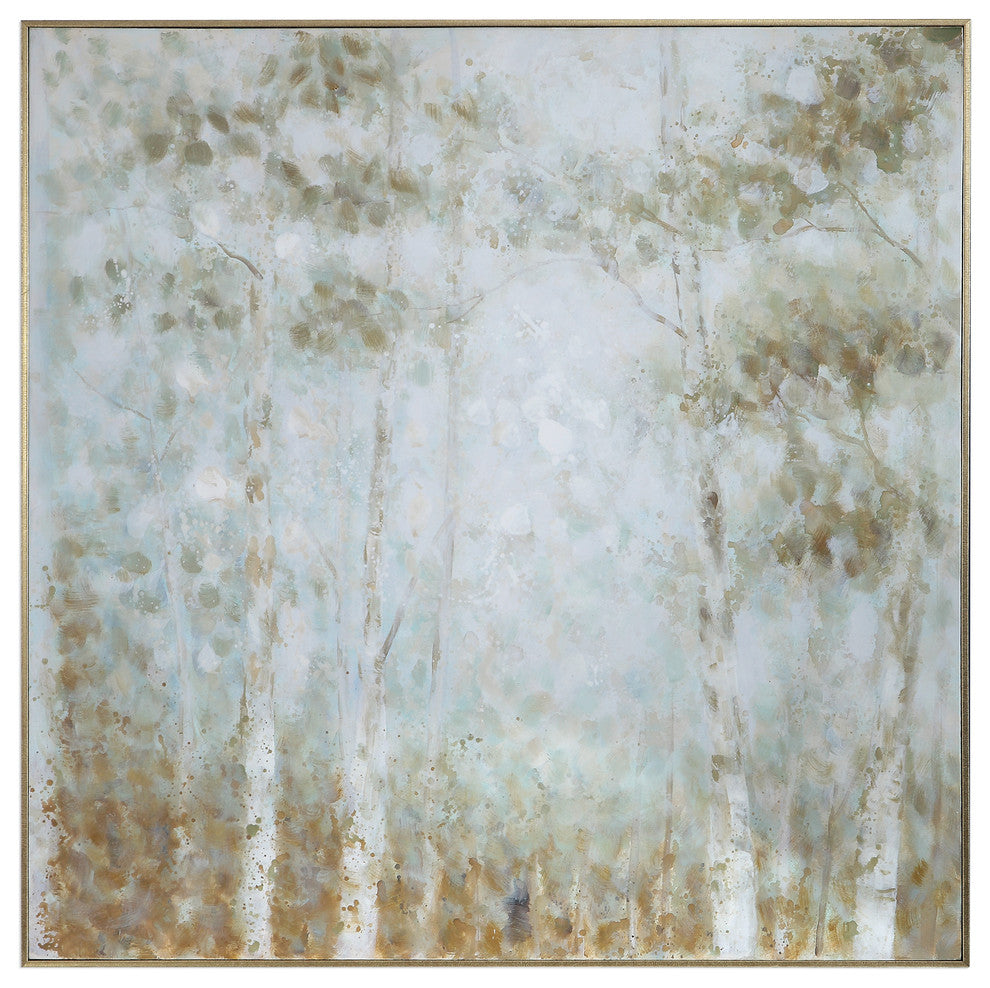 Soothing Contemporary Woodland Wall Art Painting Soft White Gray Tan Blue Green