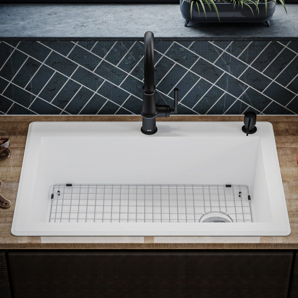 Karran Drop-In Quartz 33" 1-Hole Single Bowl Kitchen Sink Kit, White