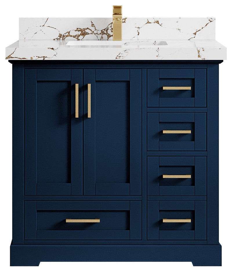 Boston 36" Center Sink Bath Vanity in Navy Blue 2" Viola Gold