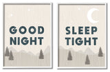 Good Night Sleep Tight Phrase Mountain Landscape Illustration, 2pc, each 16 x 20