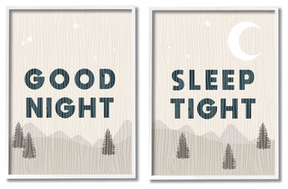 Good Night Sleep Tight Phrase Mountain Landscape Illustration, 2pc, each 16 x 20