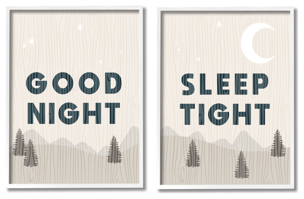 Good Night Sleep Tight Phrase Mountain Landscape Illustration, 2pc, each 16 x 20