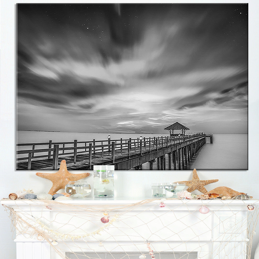 "Black and White Wooden Bridge and Sky" Sea Pier Wall Art, 40"x20"