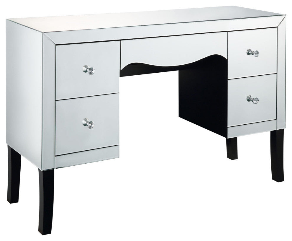 Wooden Framed Mirrored Vanity Desk with Four Drawers and Wavy Apron, Silver