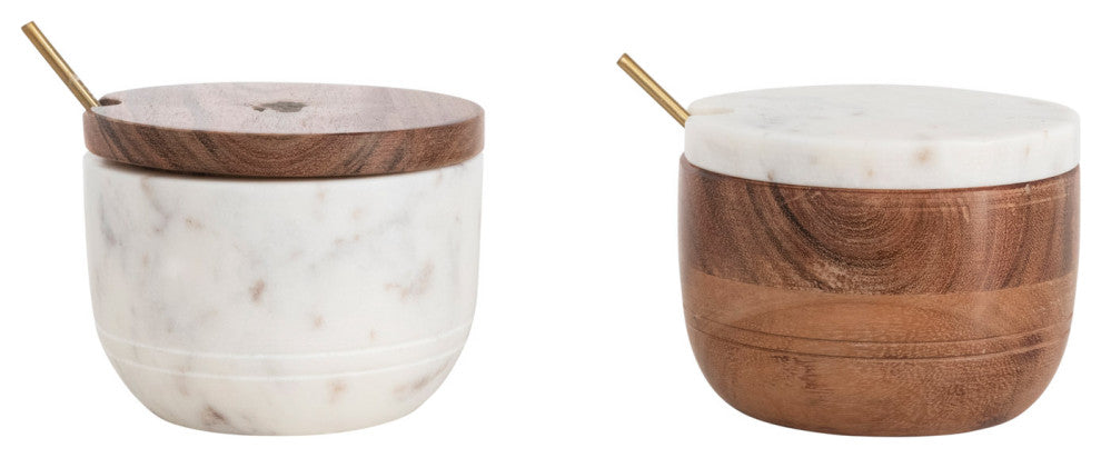 Marble and Acacia Wood Bowl With Lid and Brass Spoon, 2-Piece Set