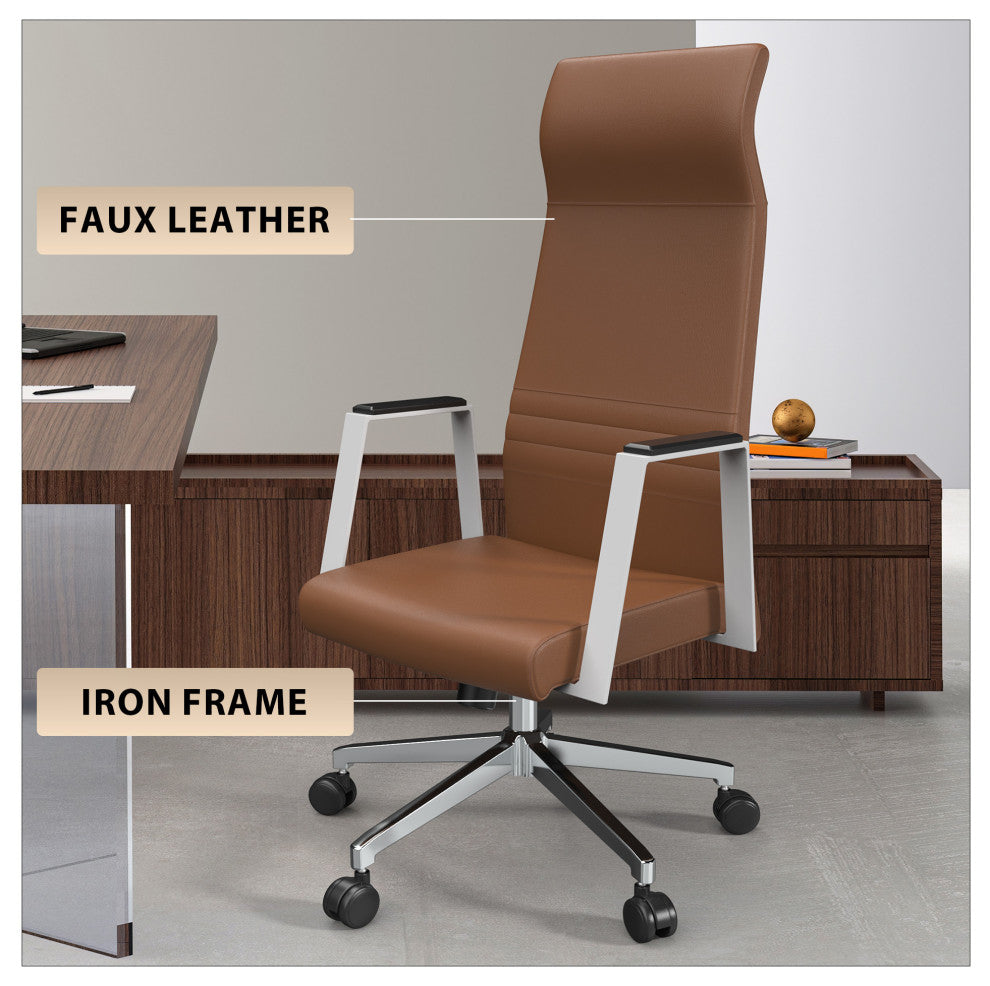 LeisureMod Aleen High-Back Leather Office Chair With Swivel and Tilt, Dark Brown