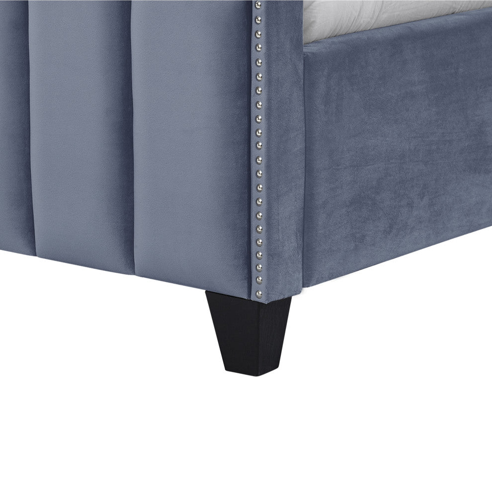 Inspired Home Zaida Bed, Velvet Upholstered, Sky Blue, Queen