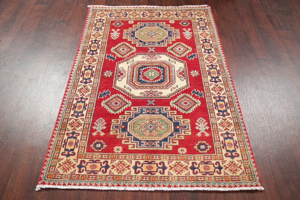 Kazak Oriental Traditional Hand Made Pakistani Area Rug, Red, 4'11"x3'5