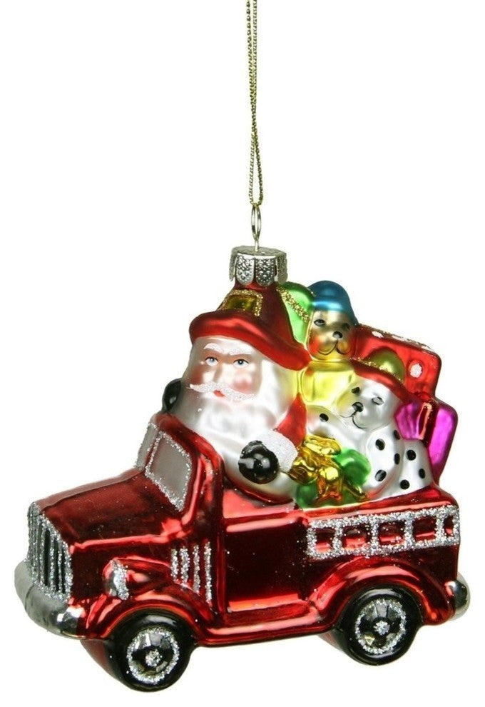 3.5" Glass Santa in Fire Truck Decorative Christmas Ornament