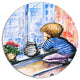Little Boy And Cat Watching City, Modern Portrait Round Wall Art, 11"