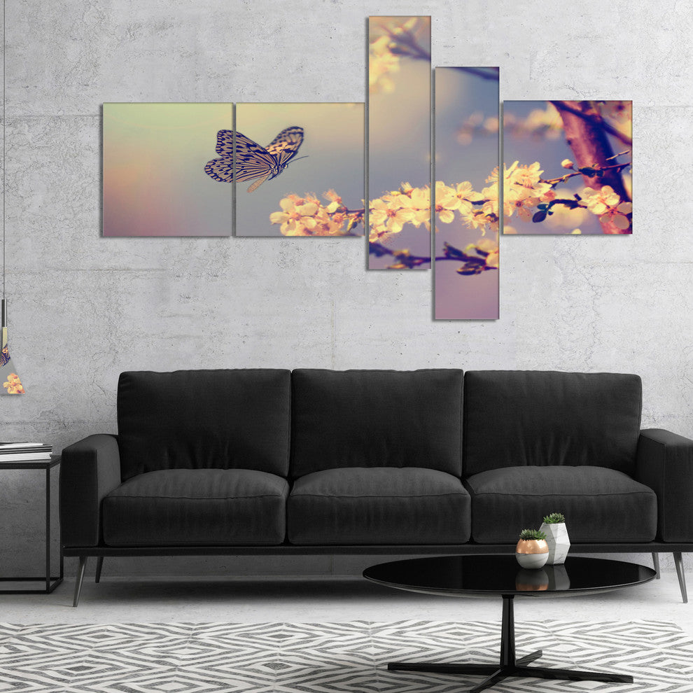 Vintage Butterfly with Flowers, Floral Canvas Art Print, 60"x32", 5 panels