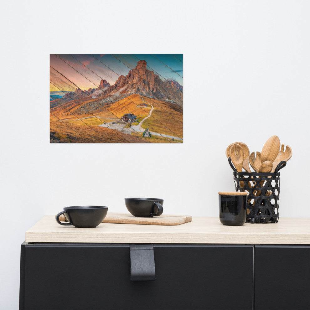 Faux Wood Majestic Sunset & Alpine Mountain Landscape Photo Wall Art Print, 12" X 18"