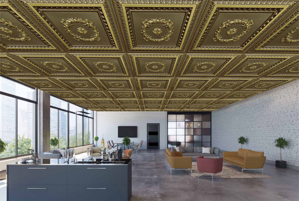 Antique Brass 3D Ceiling Panels, 2'x2', 40 Sq Ft, Pack of 10