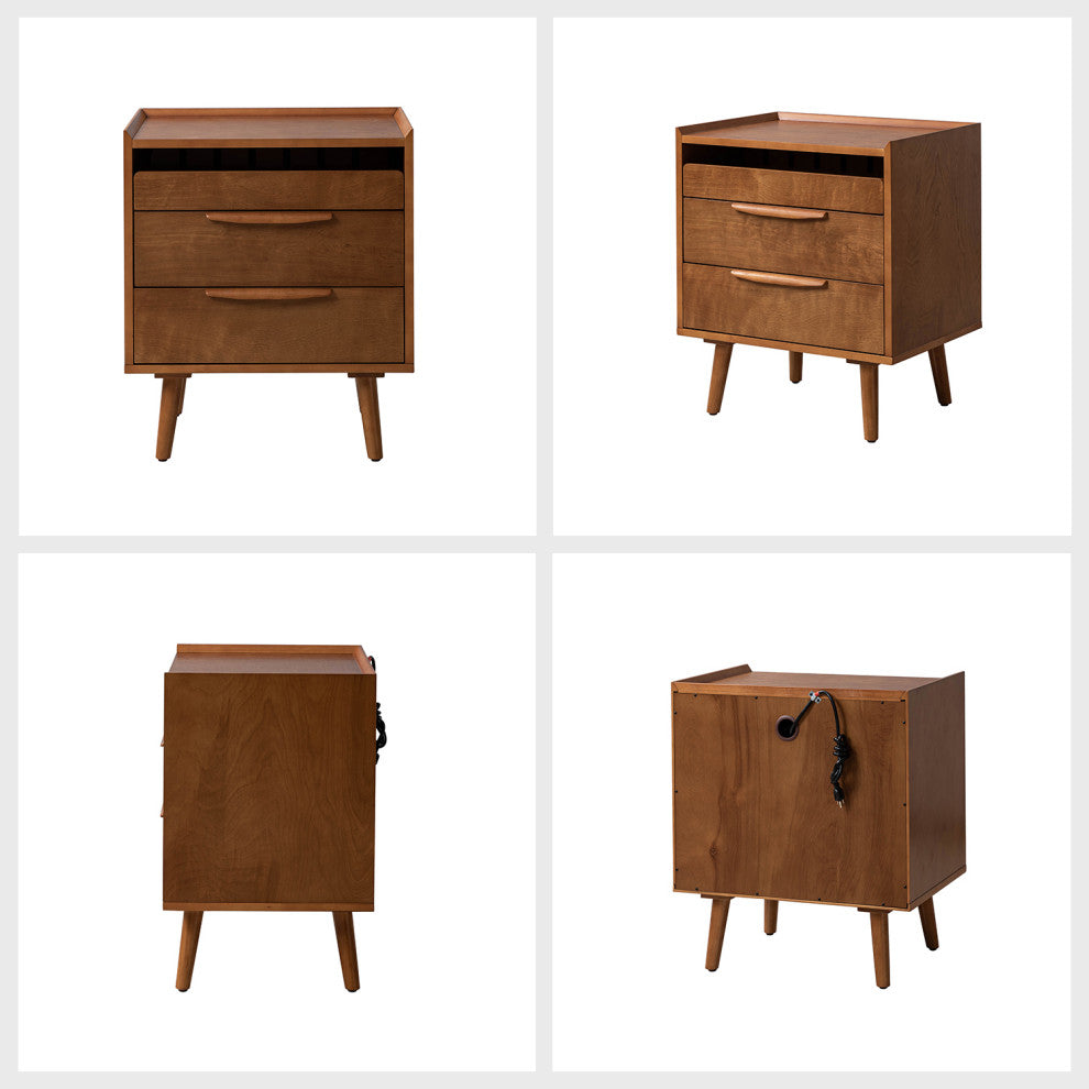 Mid-Century Modern 3-Drawer Nightstand With Charging Station, Acorn