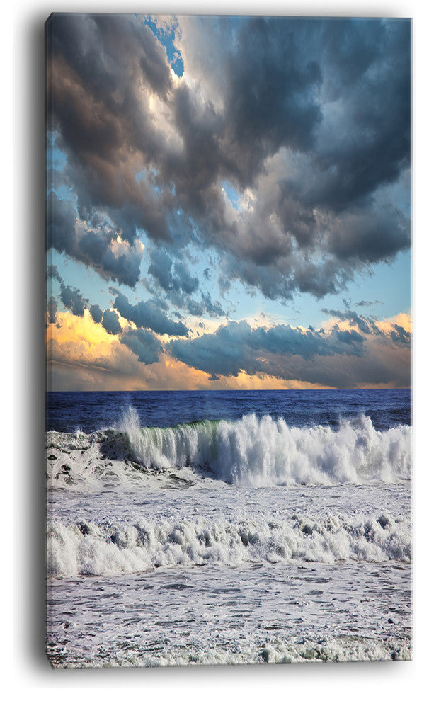 "Heavy Storm in Ocean At Sunset" Modern Beach Canvas Art Print, 20"x40"