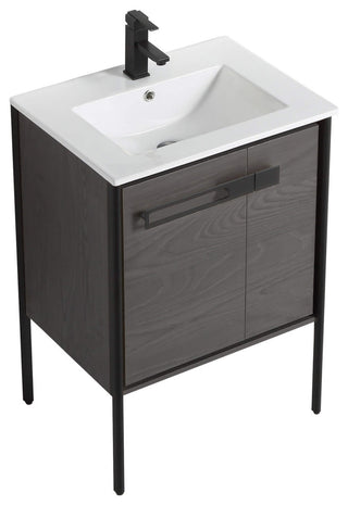 Oakville Bath Vanity, Ceramic Sink, Black Coal Oak, 24 Inch, Black Hardware