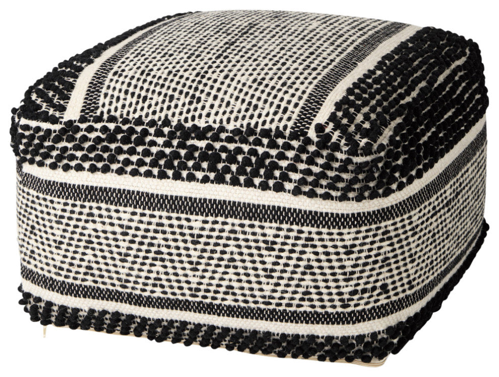 Garima 22Lx22Wx14H Black/White Wool and Cotton Patterned Pouf