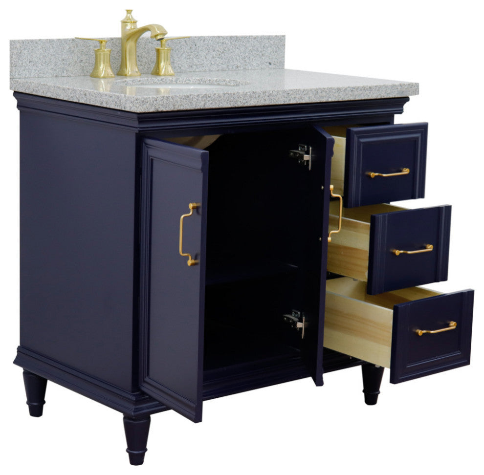 37" Single Vanity, Blue Finish With Gray Granite