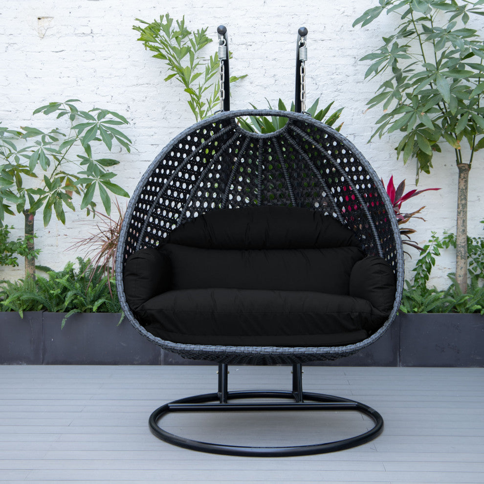 LeisureMod Mendoza Charcoal Wicker Hanging Double Egg Swing Chair, Black