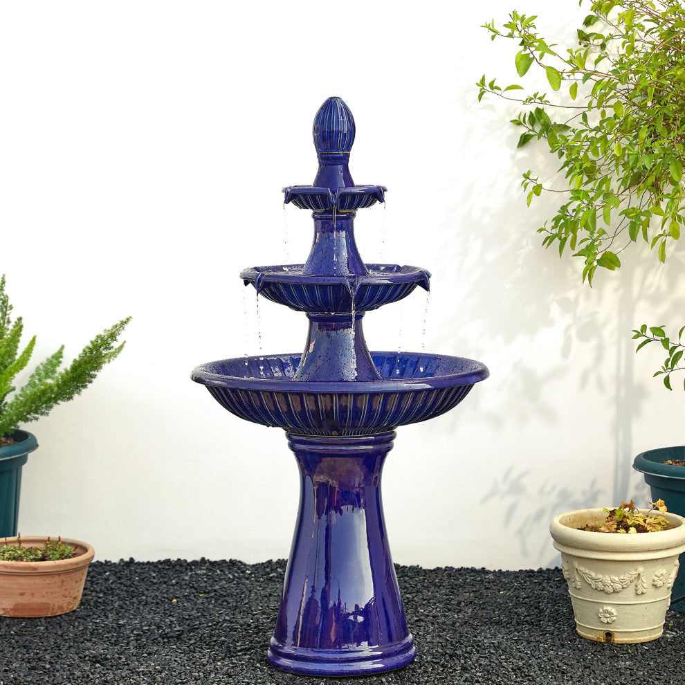 Cobalt Blue 3-Tier Ceramic Outdoor Fountain