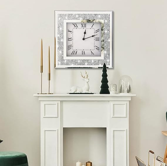 Crystal Crush Diamond Mirrored Square Wall Clock with Sparkle