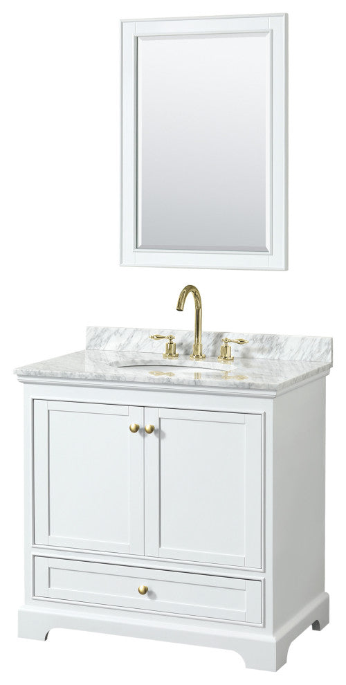 36" Single Bath Vanity, White, Carrara Countertop, Sink, Gold Trim, 24" Mirror