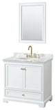 36" Single Bath Vanity, White, Carrara Countertop, Sink, Gold Trim, 24" Mirror