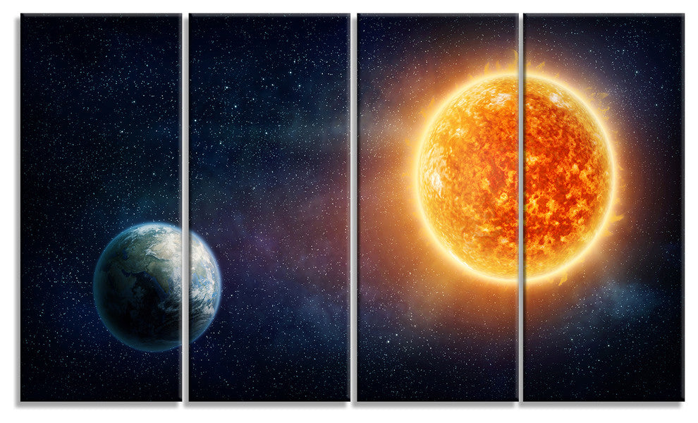 Planet Earth and Sun, Landscape Canvas Art Print, 48"x28", 4 Panels