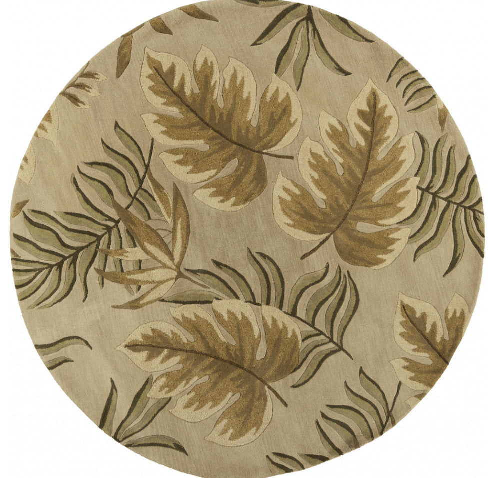 8' Sand Beige Hand Tufted Tropical Leaves Round Indoor Area Rug