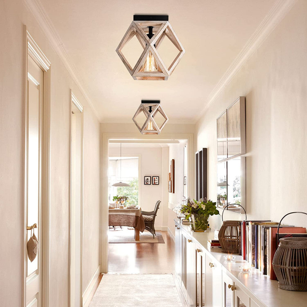 Industrial Wood Flush Mount Ceiling Lamp Farmhouse Close to Ceiling Lighting Fix