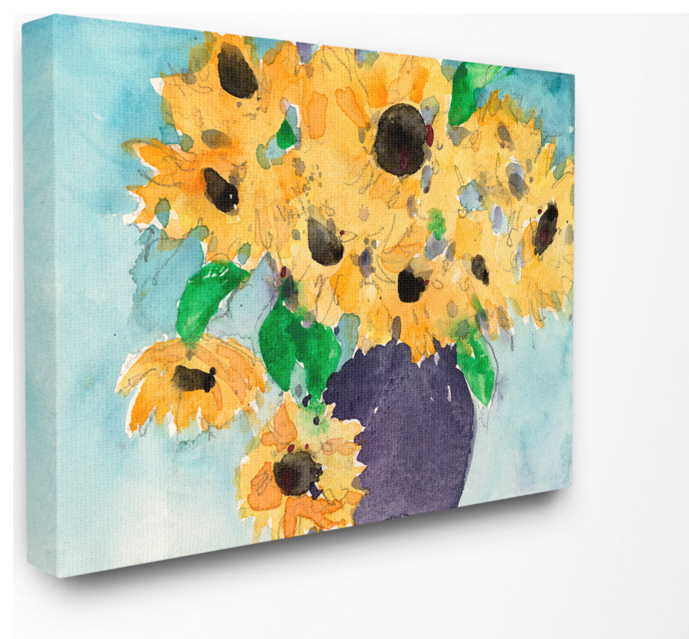 Sunflowers Yellow Green Watercolor Painting, 30"x40", Canvas Art