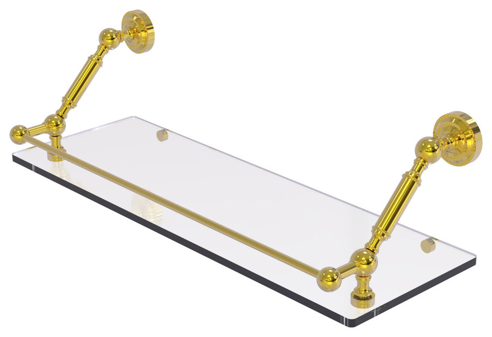Dottingham 24" Floating Glass Shelf with Gallery Rail, Polished Brass