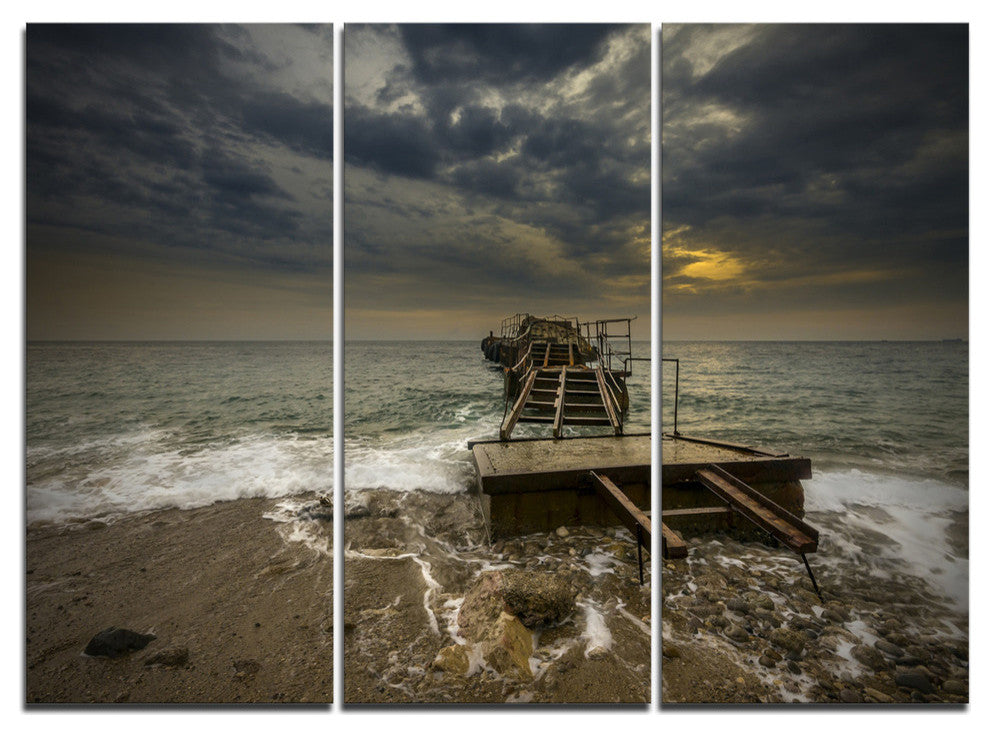 "Ruined Wooden Pier for Boats at Sunset" Metal Wall Art, 3 Panels, 36"x28"
