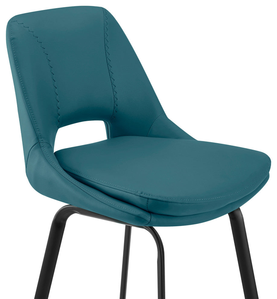 26" Elegant Blue Faux Leather and Black Metal Armless Swivel Counter Stool
