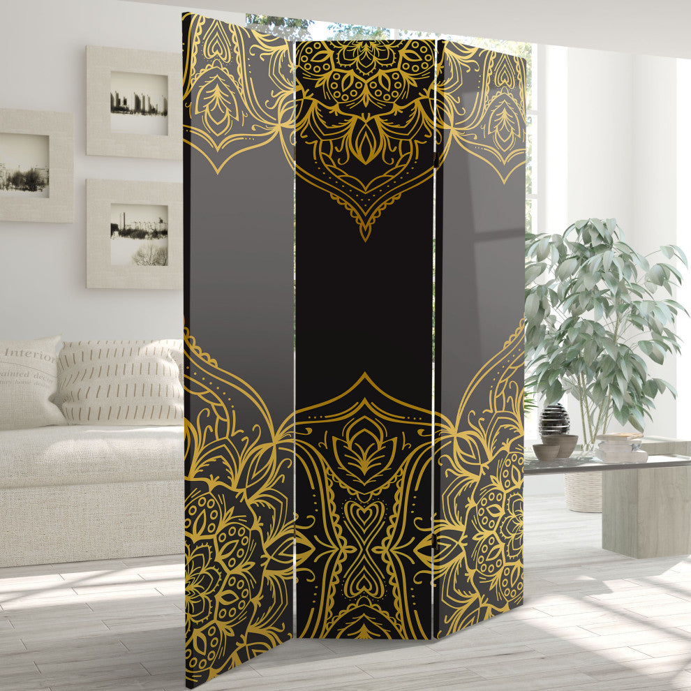 6'' Tall Double Sided Black Indian Pattern Canvas Room Divider