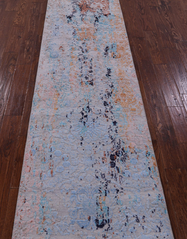 Hand Knotted Modern Wool and Silk Runner Rug 2' 7" X 14' 0" Q11824