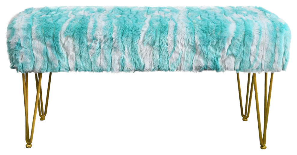 Soft Faux Fur Ottoman Fuzzy Entryway Bench Seat, Blue, 46"x16"x22"