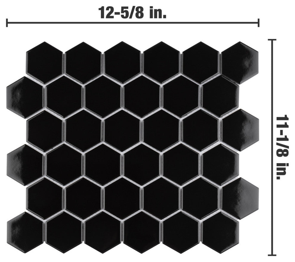 Metro 2" Hex Glossy Black Porcelain Floor and Wall Tile