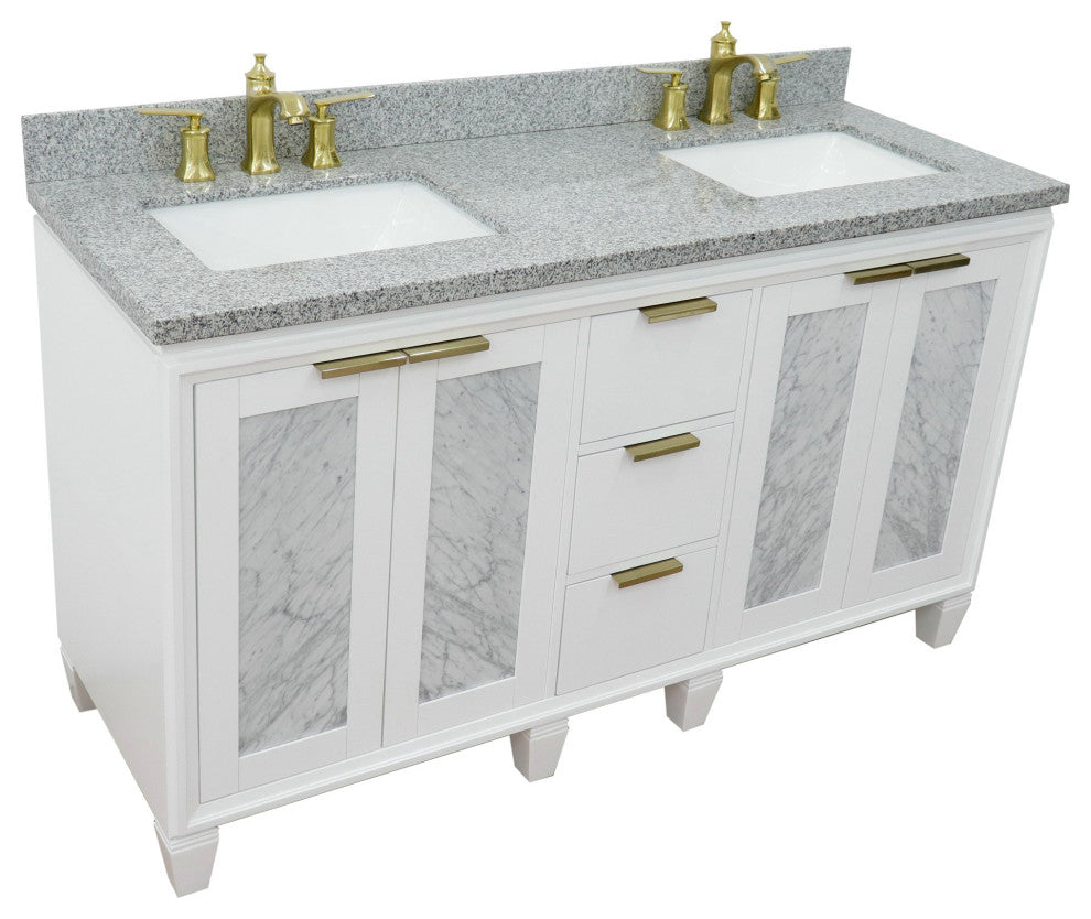 61" Double Sink Vanity, White Finish With Gray Granite And Rectangle Sink
