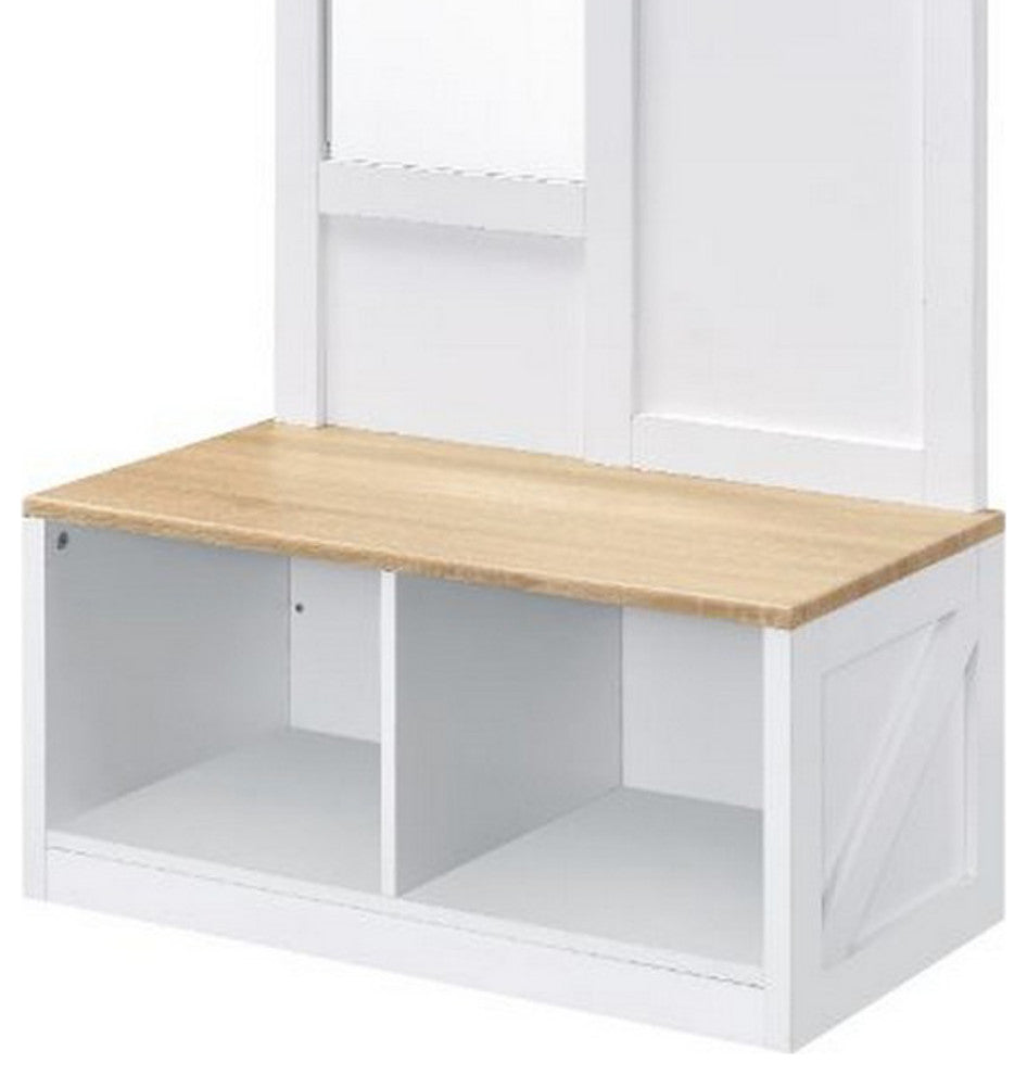 Benzara BM251205 Hall Tree With Body Length Mirror & Bench Seat, White/Brown